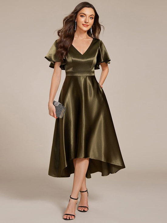 V-Neck Bell Sleeves A-Line Empire Midi Wedding Guest Dress With Pockets