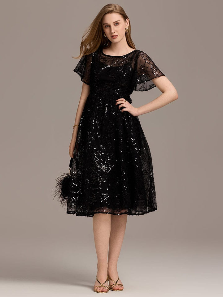 A-Line Round Neckline Short Sleeves Sparkly Wedding Guest Dress