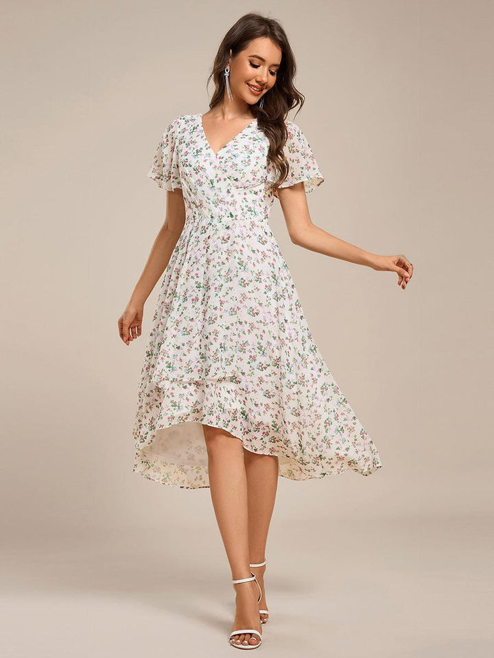 A-Line V-Neck Short Sleeves High-Low Wedding Guest Dress