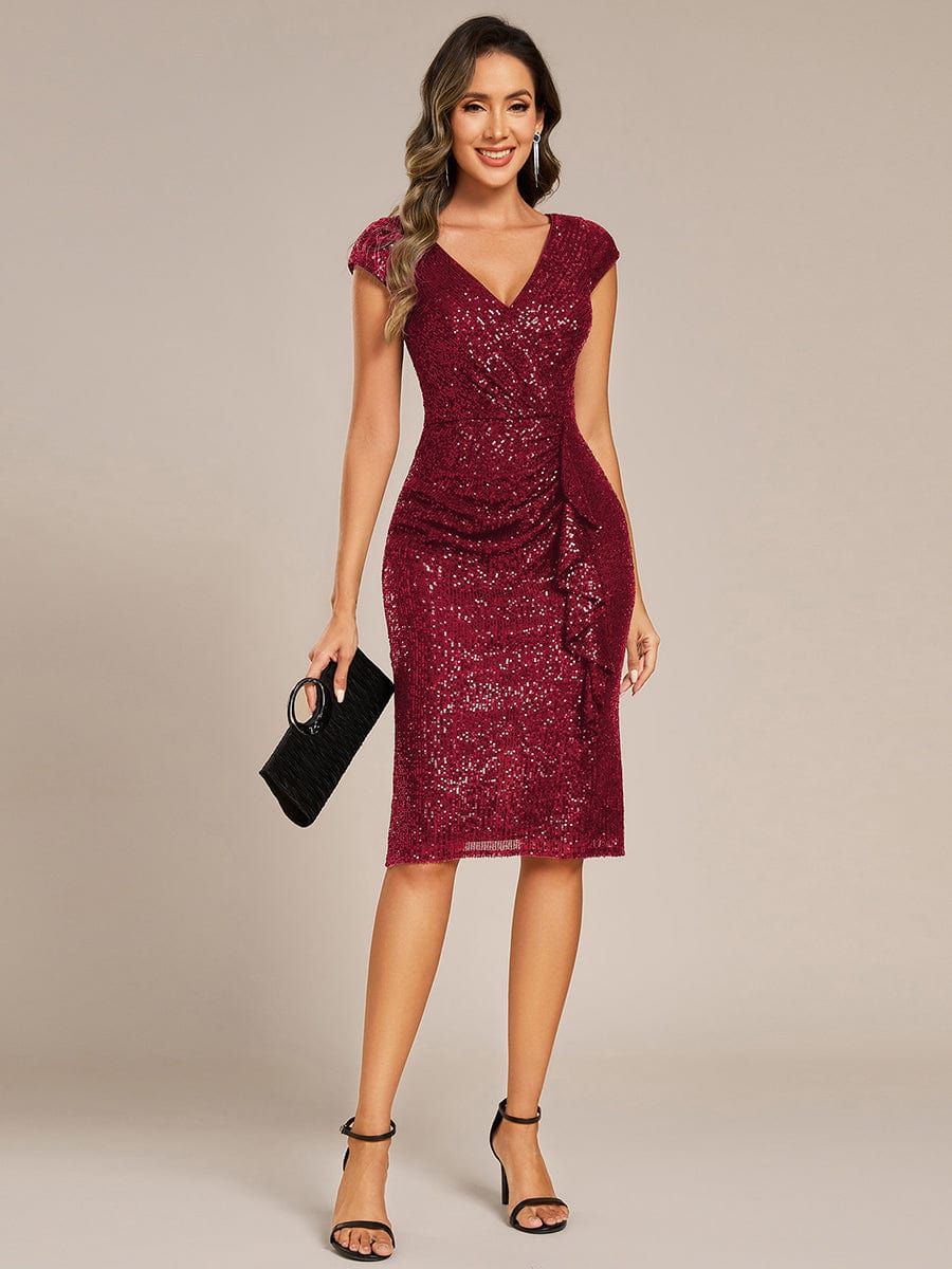 Sequins Bodycon V-Neck Cap Sleeves Midi Wedding Guest Dress