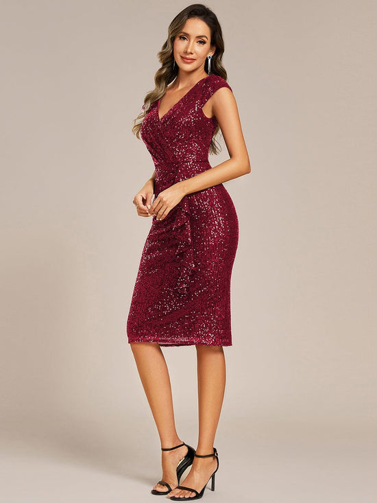 Sequins Bodycon V-Neck Cap Sleeves Midi Wedding Guest Dress