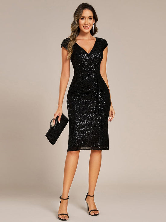 Sequins Bodycon V-Neck Cap Sleeves Midi Wedding Guest Dress