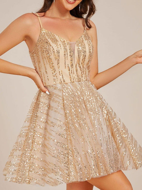 V-Neck Spaghetti Straps A-Line Sequins Short Homecoming Dress