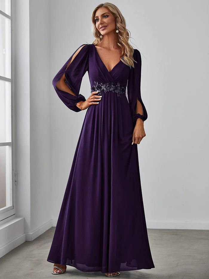 Chiffon A-Line V-Neck Long Sleeves Appliques Formal Party Dress