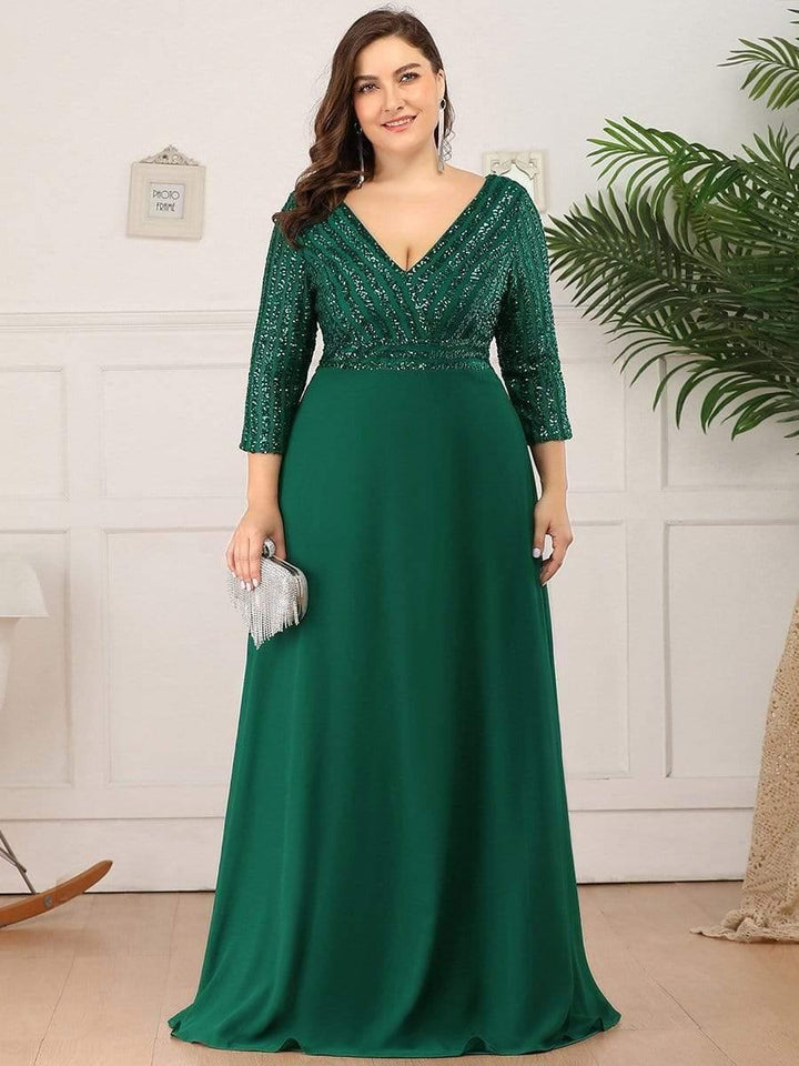 A-Line V-Neck Quarter Sleeves Empire Long Formal Evening Dress