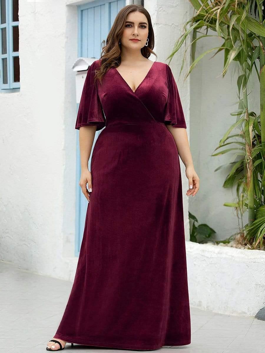 Velvet A-Line V-Neck Bell Sleeves Long Evening Dress