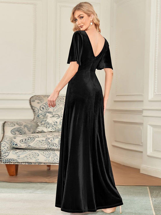Velvet A-Line V-Neck Bell Sleeves Long Evening Dress