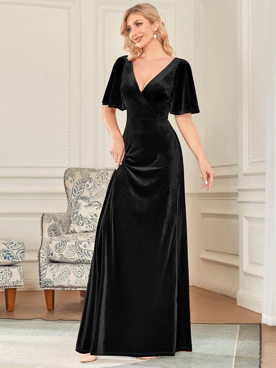Chic Velvet A-Line V0Neck Bell Sleeves Maxi Bridesmaid Dress