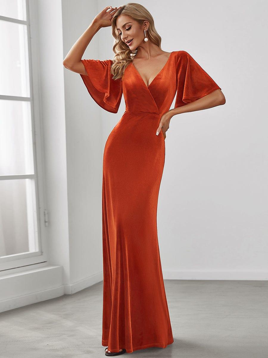 Chic Velvet A-Line V0Neck Bell Sleeves Maxi Bridesmaid Dress