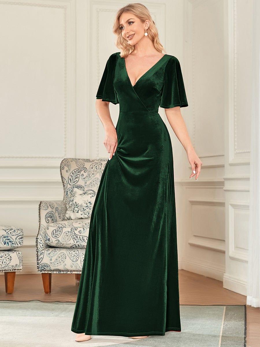 Velvet A-Line V-Neck Bell Sleeves Long Evening Dress