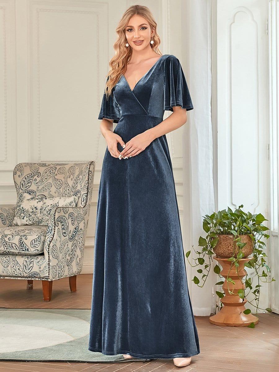 Chic Velvet A-Line V0Neck Bell Sleeves Maxi Bridesmaid Dress