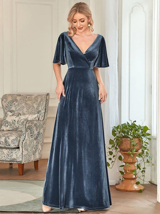 Chic Velvet A-Line V0Neck Bell Sleeves Maxi Bridesmaid Dress