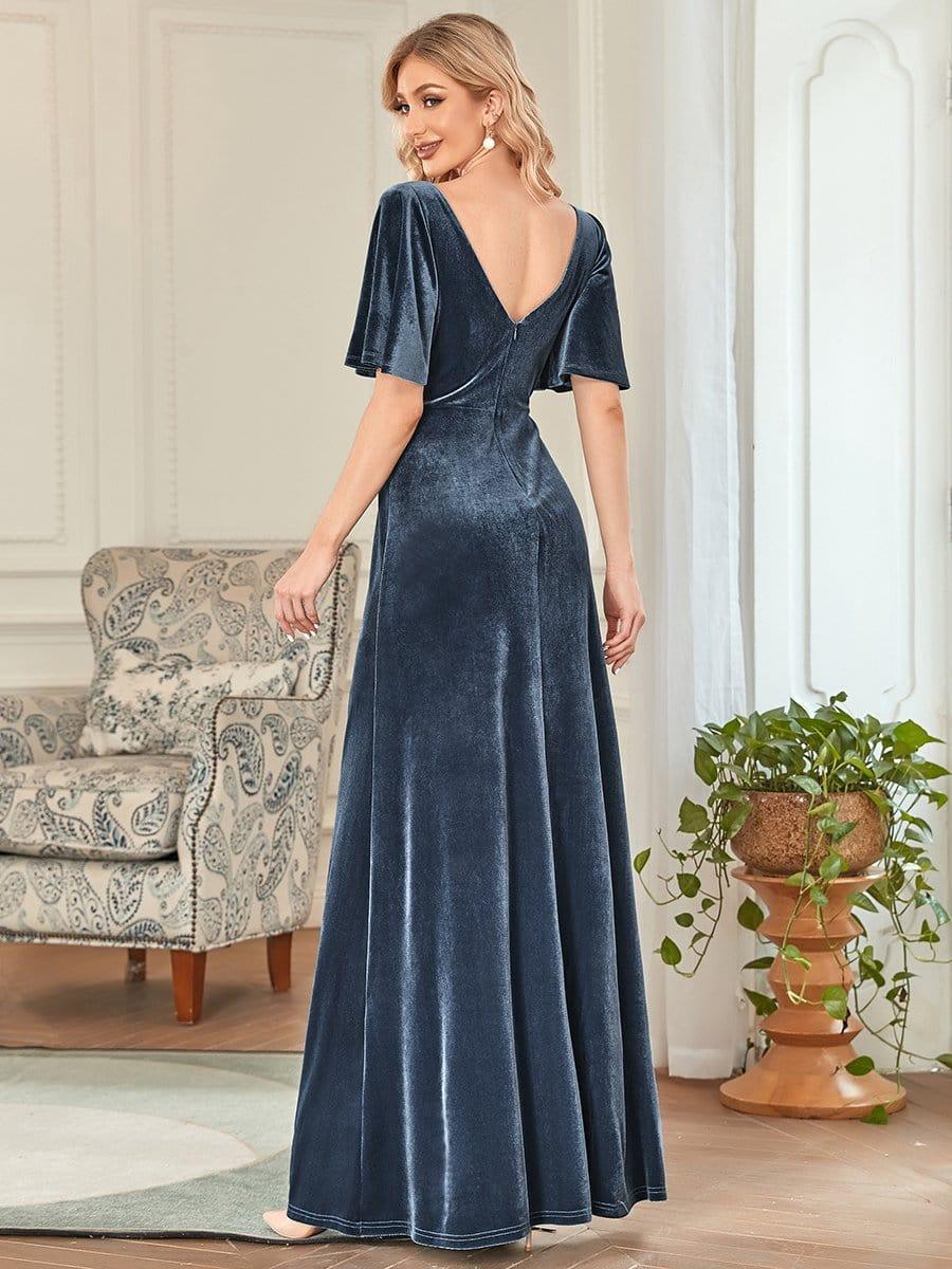 Chic Velvet A-Line V0Neck Bell Sleeves Maxi Bridesmaid Dress