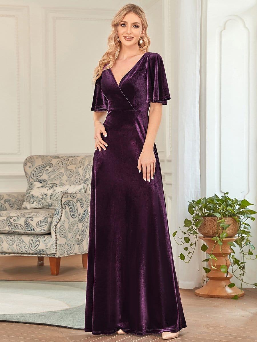 Chic Velvet A-Line V0Neck Bell Sleeves Maxi Bridesmaid Dress