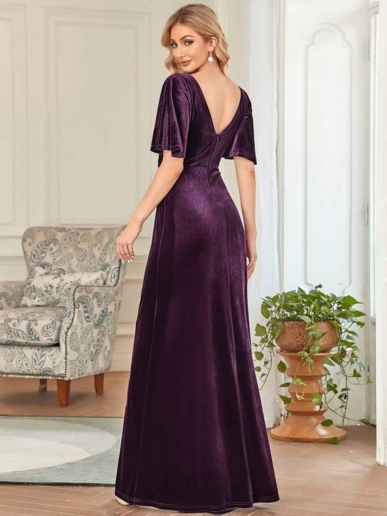 Velvet A-Line V-Neck Bell Sleeves Long Evening Dress