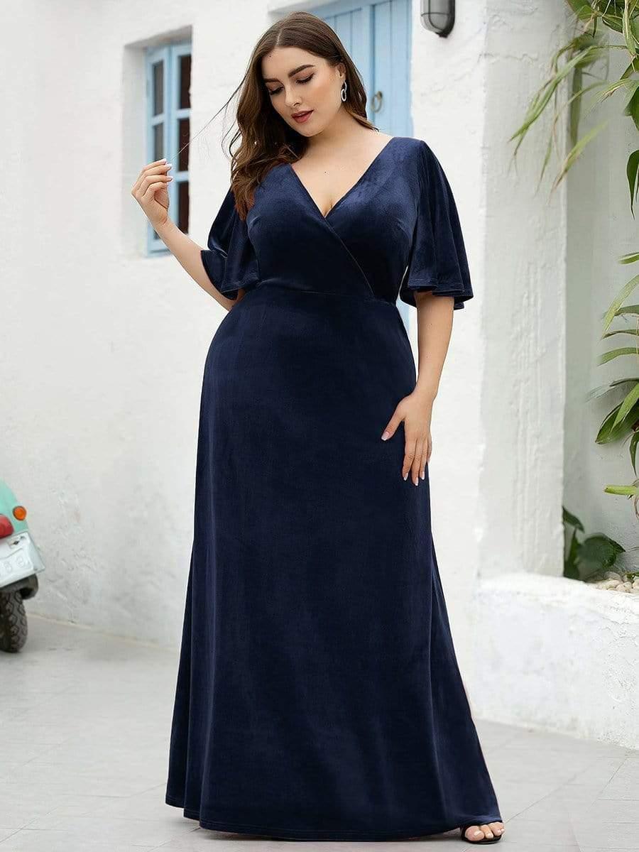 Velvet A-Line V-Neck Bell Sleeves Long Evening Dress