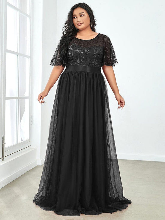 Tulle A-Line Empire Short Sleeves Long Evening Dress