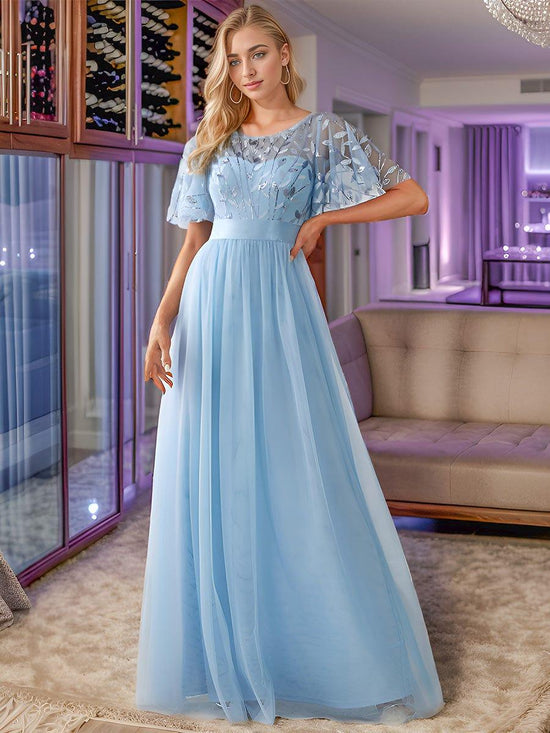 Tulle A-Line Empire Short Sleeves Long Evening Dress