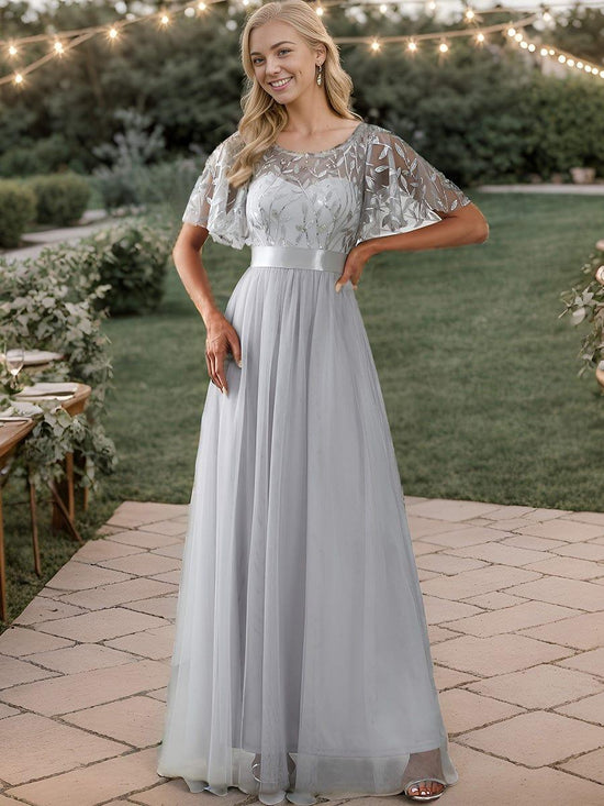 Tulle A-Line Empire Short Sleeves Long Evening Dress