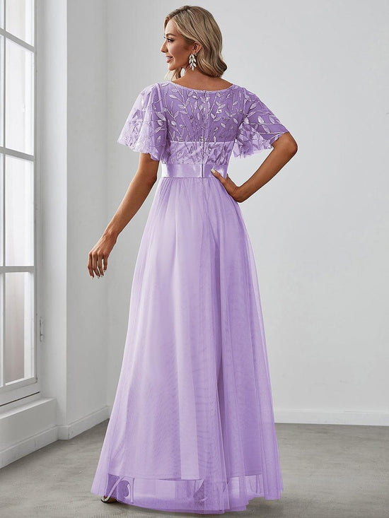 Tulle A-Line Empire Short Sleeves Long Evening Dress