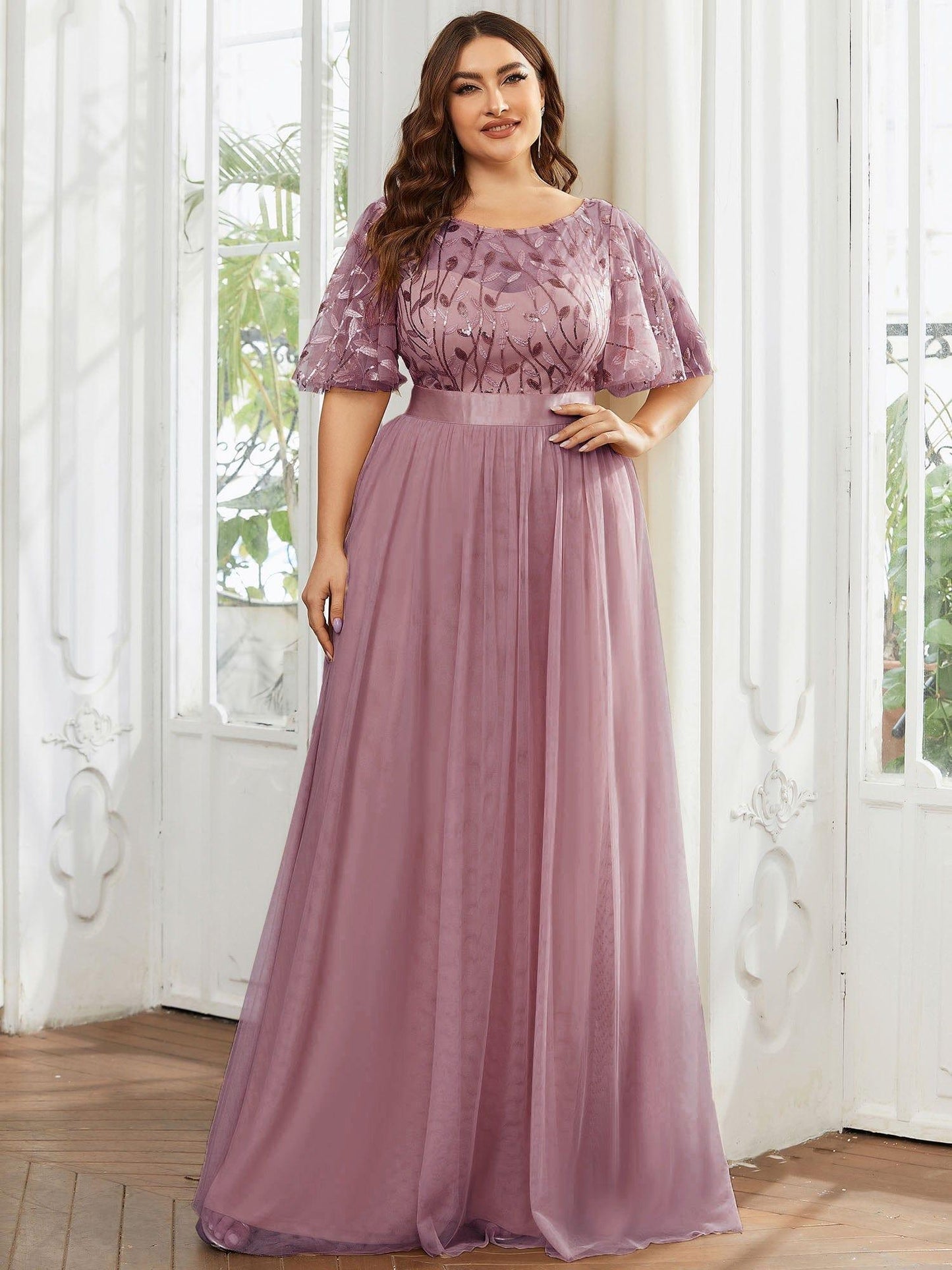 Scoop Half Sleeves Empire A-Line Party Evening Dress