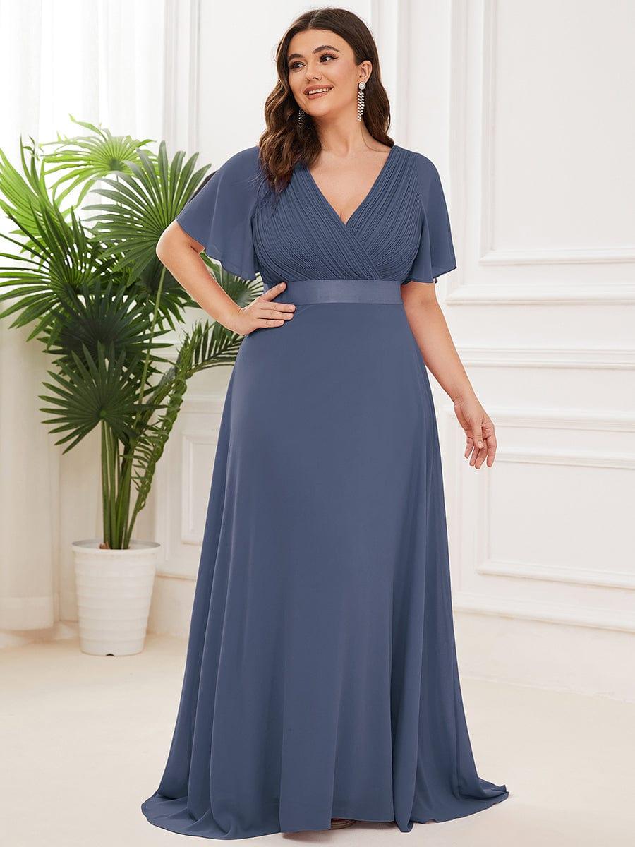 Plus Size Chiffon A-Line V-Neck Short Sleeves Long Evening Dress
