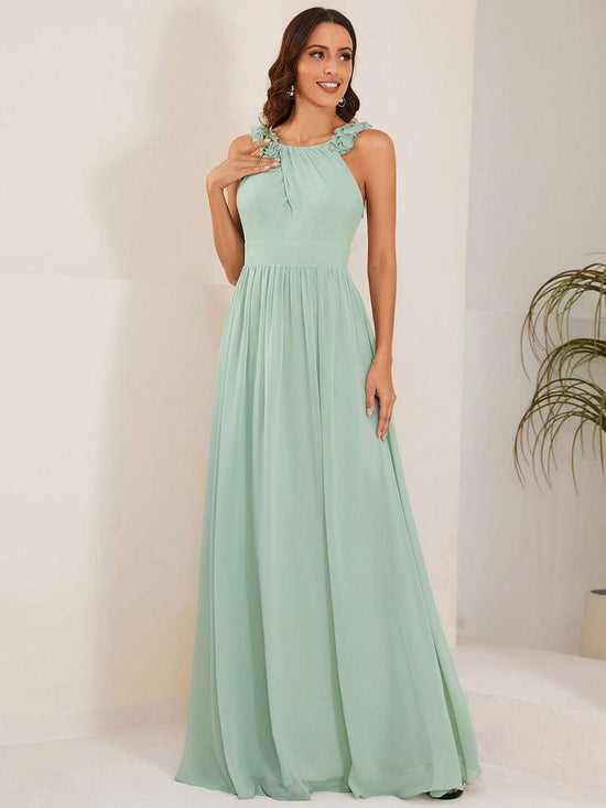 Scoop Backless Chiffon A-Line Florals Long Bridesmaid Dress