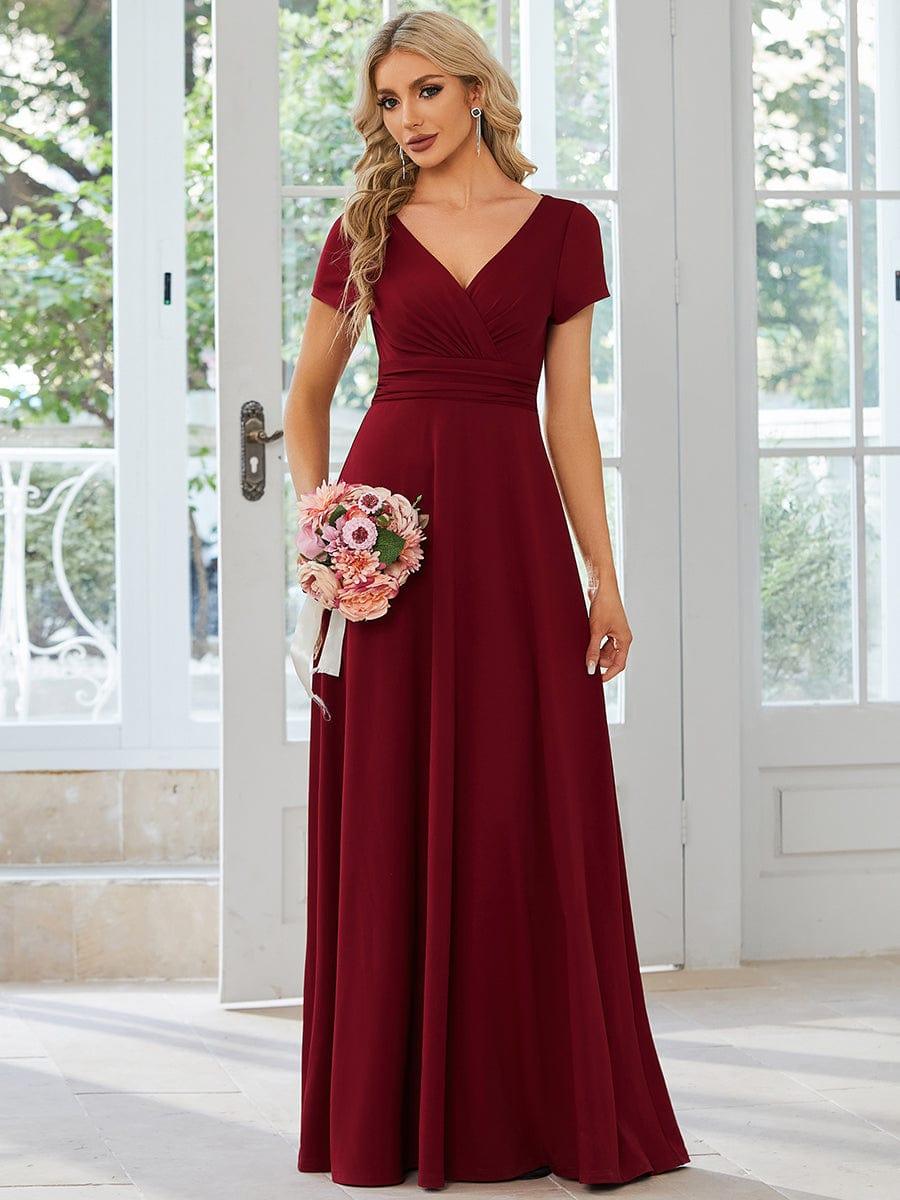 Casual A-Line V-Neck Short Sleeves Long Bridesmaid Dress