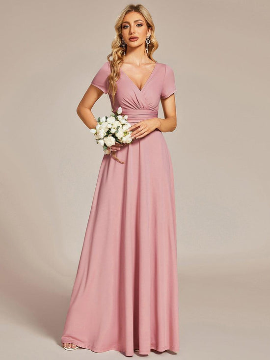 Casual A-Line V-Neck Short Sleeves Long Bridesmaid Dress