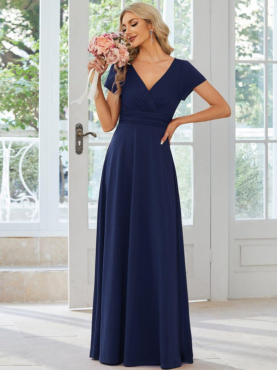 Casual A-Line V-Neck Short Sleeves Long Bridesmaid Dress