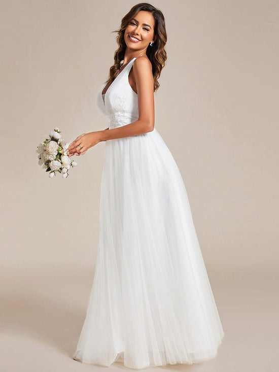 V-Neck Sleeveless Open Back Tulle Appliques Bridesmaid Dress
