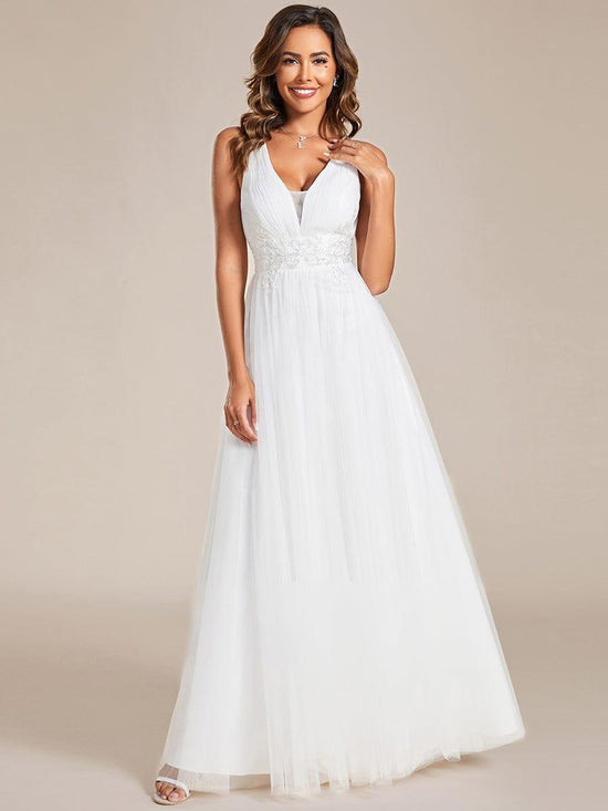 V-Neck Sleeveless Open Back Tulle Appliques Bridesmaid Dress