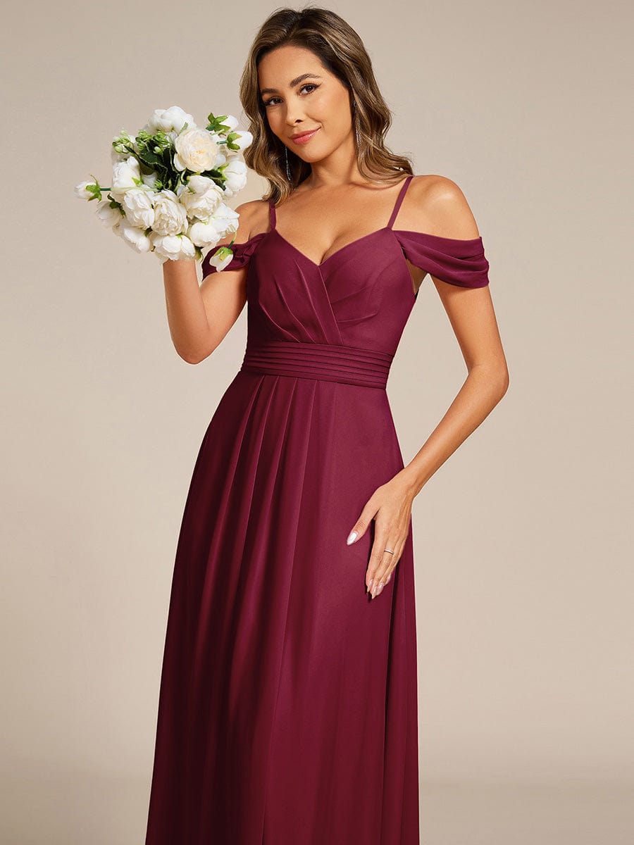 V-Neck Off-Shoulder Satin A-Line Empire Long Bridesmaid Dress