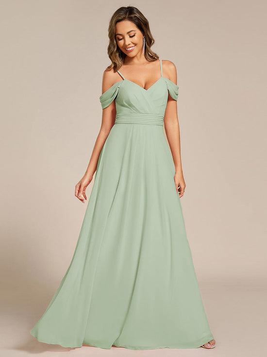 V-Neck Off-Shoulder Satin A-Line Empire Long Bridesmaid Dress