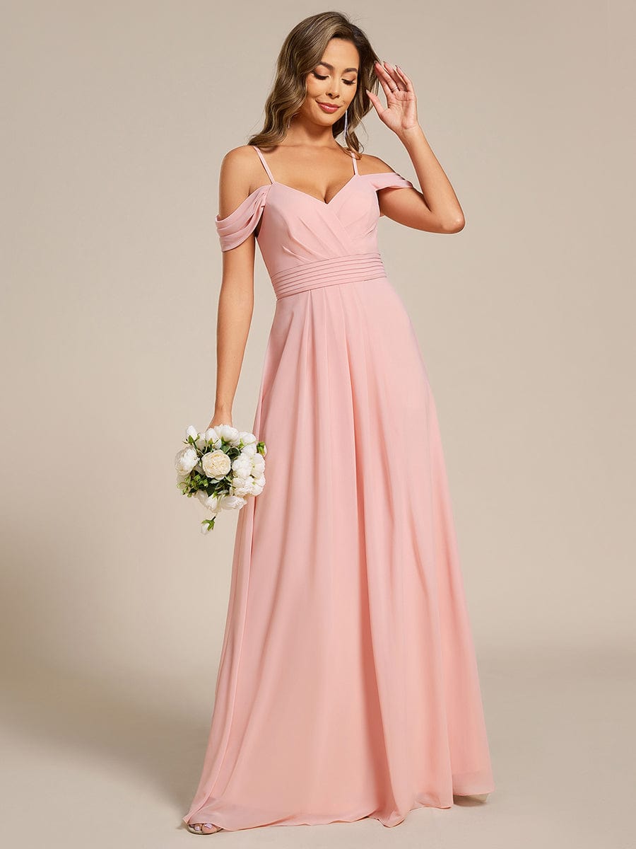 V-Neck Off-Shoulder Satin A-Line Empire Long Bridesmaid Dress