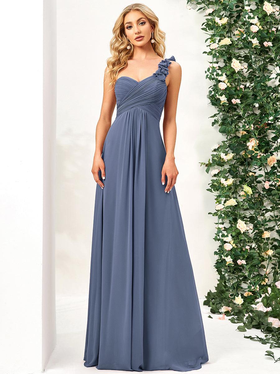 Ruffled One Shoulder Sleeveless A-Line Long Bridesmaid Dress