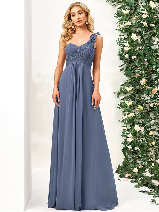 Ruffled One Shoulder Sleeveless A-Line Long Bridesmaid Dress