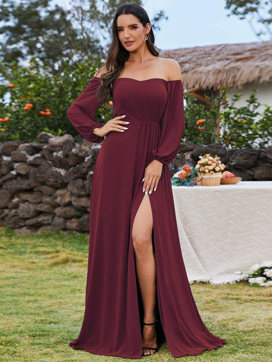Plus Size Chiffon Long Sleeves  Bridesmaid Dress with High Slit