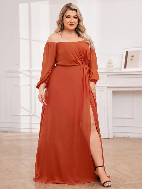 Plus Size Chiffon Long Sleeves  Bridesmaid Dress with High Slit