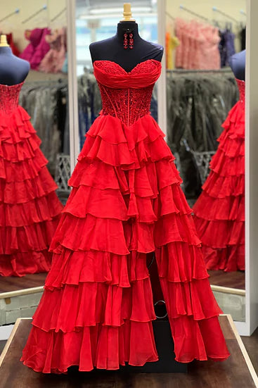 Elegant A-Line Empire Lace Top Chiffon Tiered Prom Dress