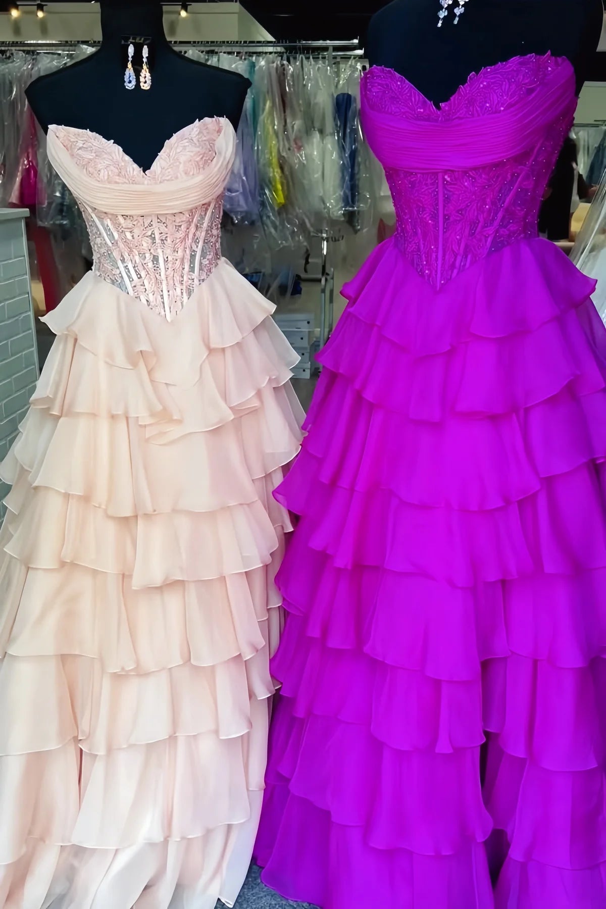 Elegant A-Line Empire Lace Top Chiffon Tiered Prom Dress