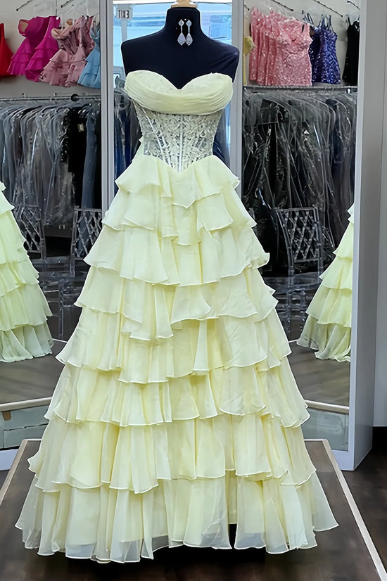 Elegant A-Line Empire Lace Top Chiffon Tiered Prom Dress