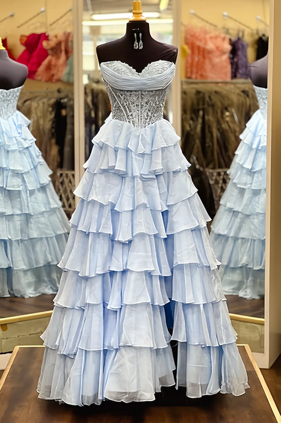 Elegant A-Line Empire Lace Top Chiffon Tiered Prom Dress