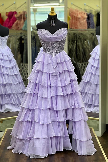 Elegant A-Line Empire Lace Top Chiffon Tiered Prom Dress