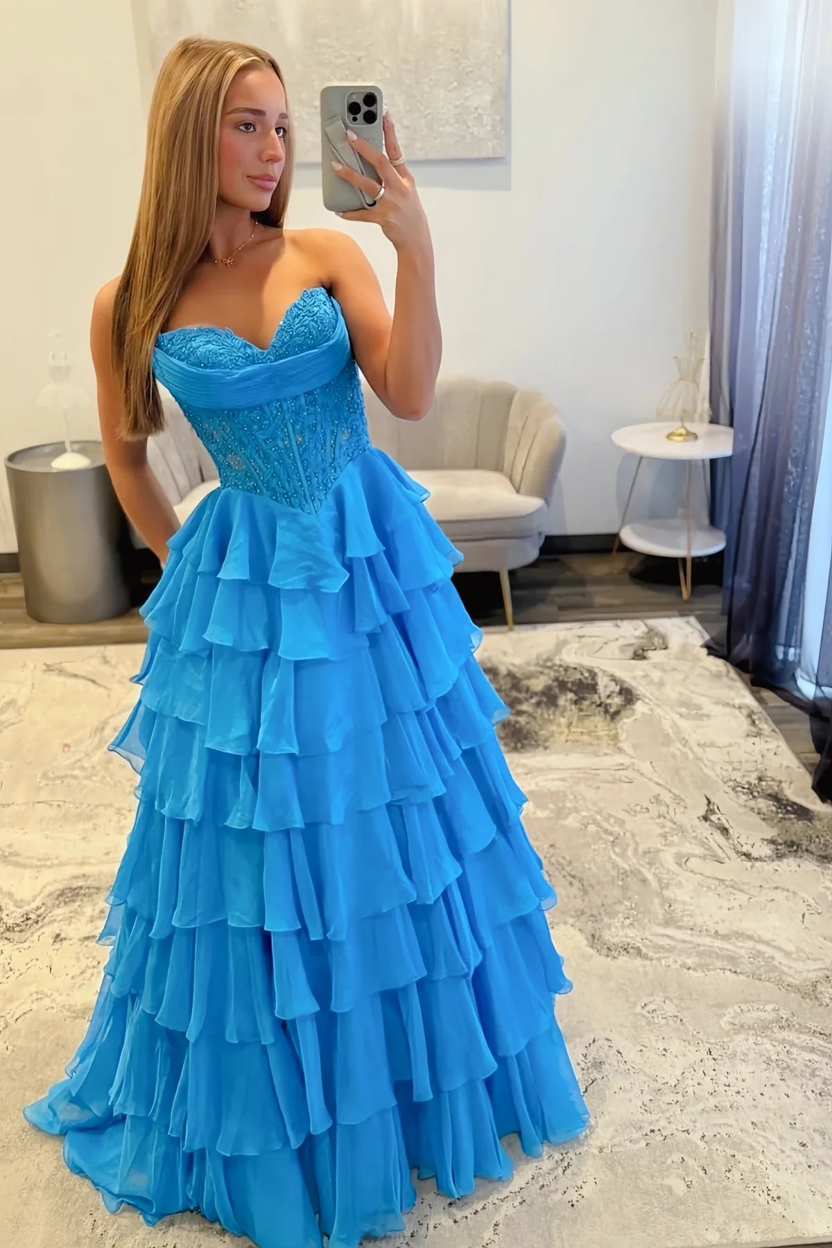 Elegant A-Line Empire Lace Top Chiffon Tiered Prom Dress