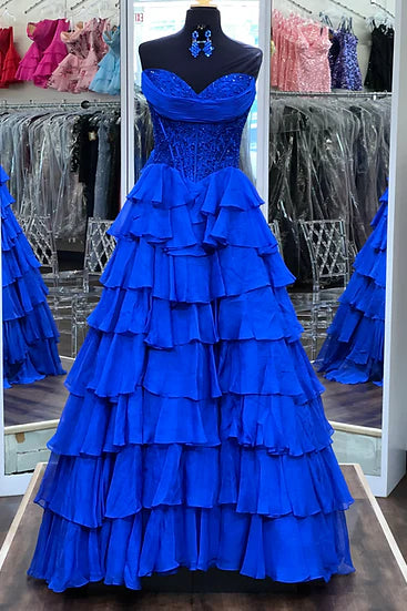 Elegant A-Line Empire Lace Top Chiffon Tiered Prom Dress
