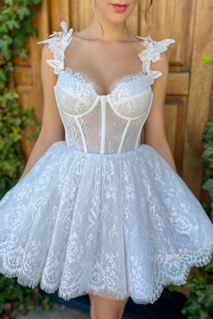 Elegant A-Line Sweetheart Lace Appliqued Sheer Homecoming Dress