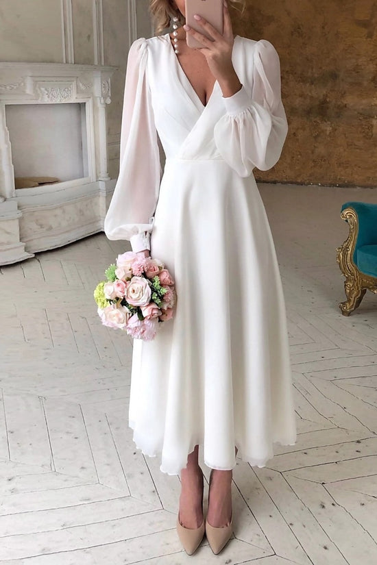 Elegant A-Line V-Neck Long Sleeves Empire Chiffon Wedding Dress