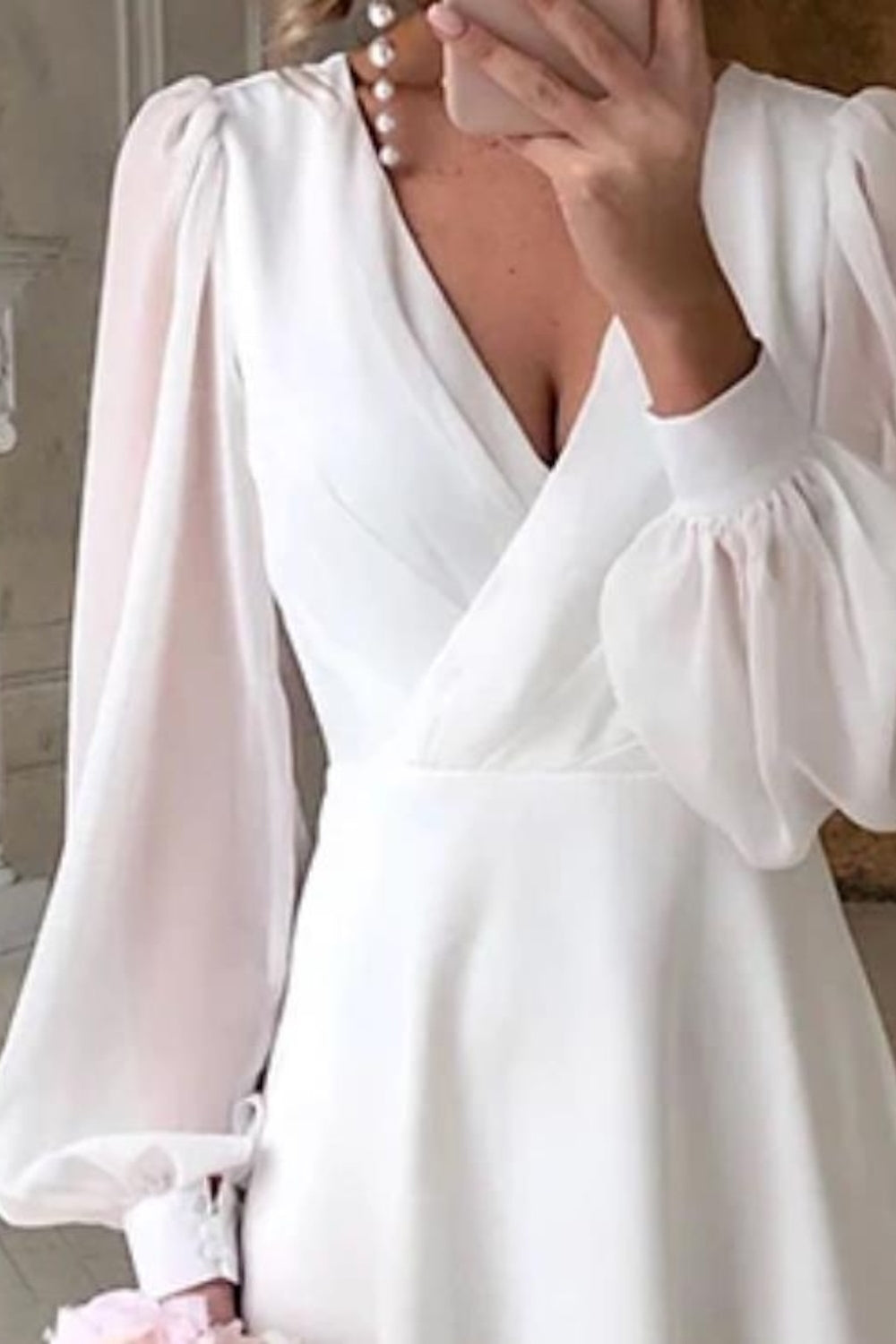 Elegant A-Line V-Neck Long Sleeves Empire Chiffon Wedding Dress