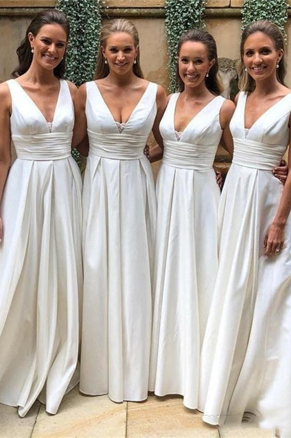 Elegant A-Line V-Neck Sleeveless Empire Satin Bridesmaid Dress